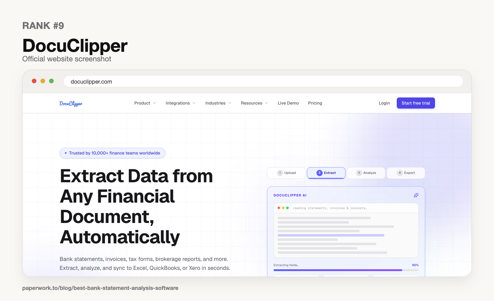 Rank #9 DocuClipper official website screenshot framed in Paperwork style
