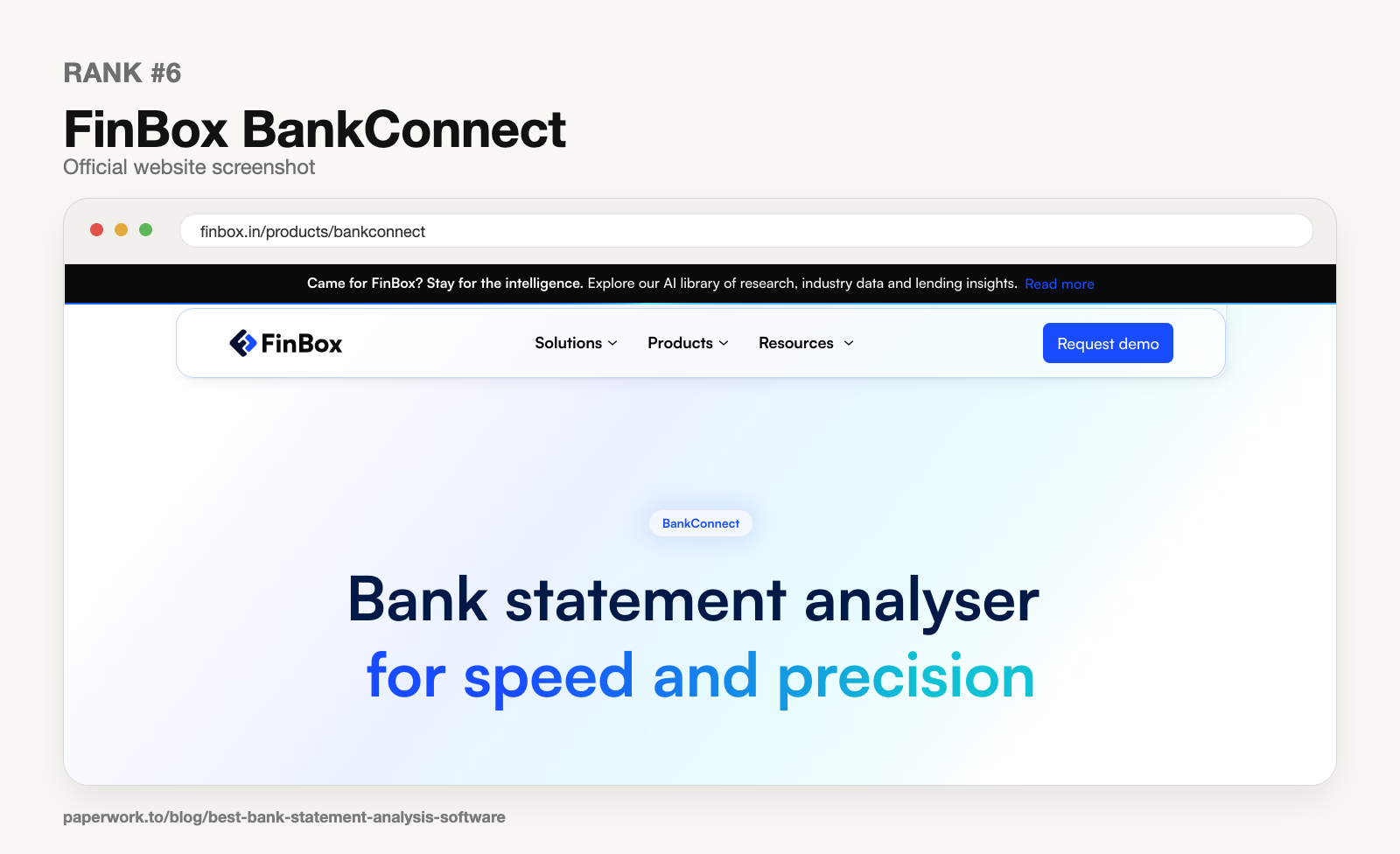 Rank #6 FinBox BankConnect official website screenshot framed in Paperwork style