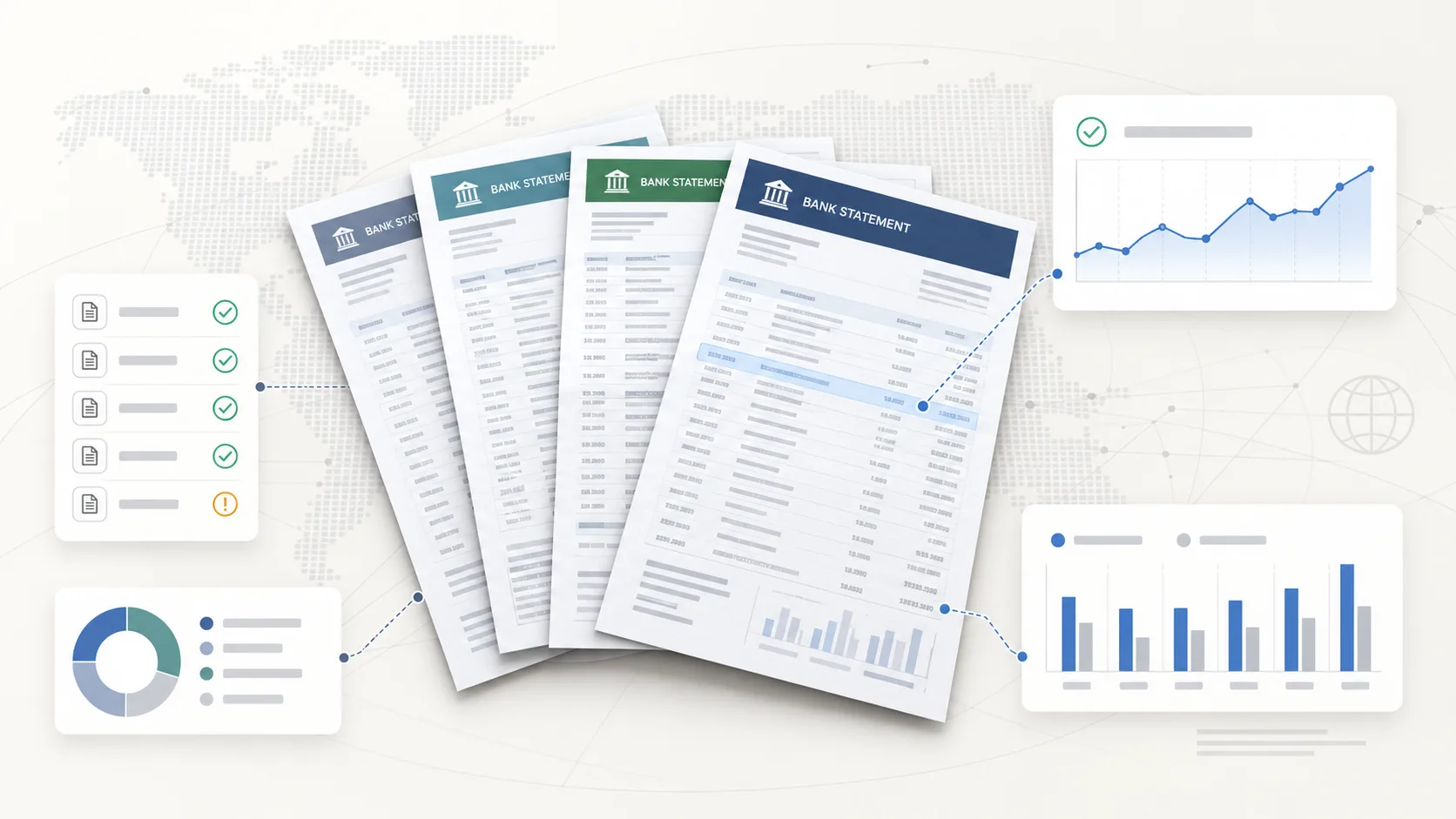 Bank statements from several banks analysed into balance checks, monthly cash flow charts and review flags
