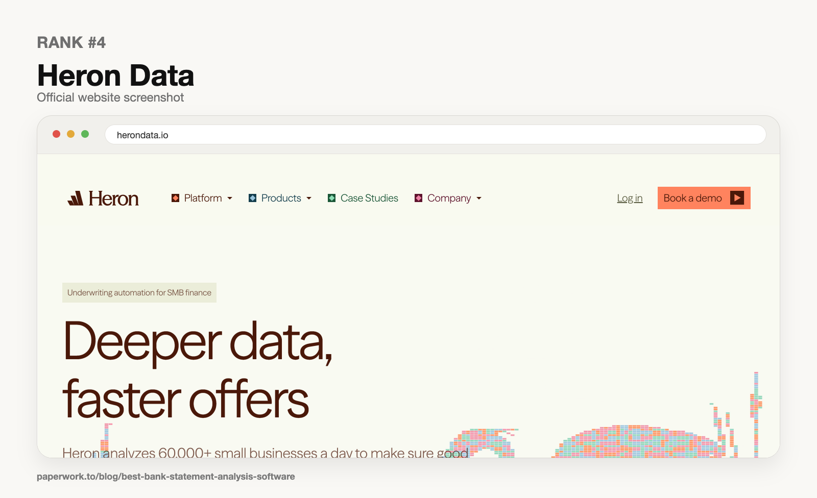 Rank #4 Heron Data official website screenshot framed in Paperwork style