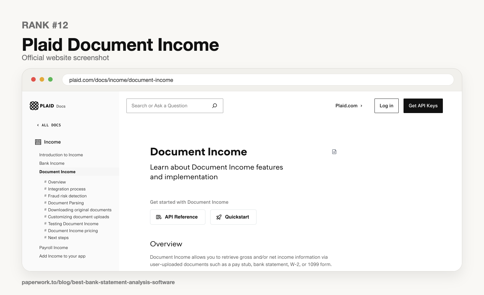 Rank #12 Plaid Document Income official website screenshot framed in Paperwork style