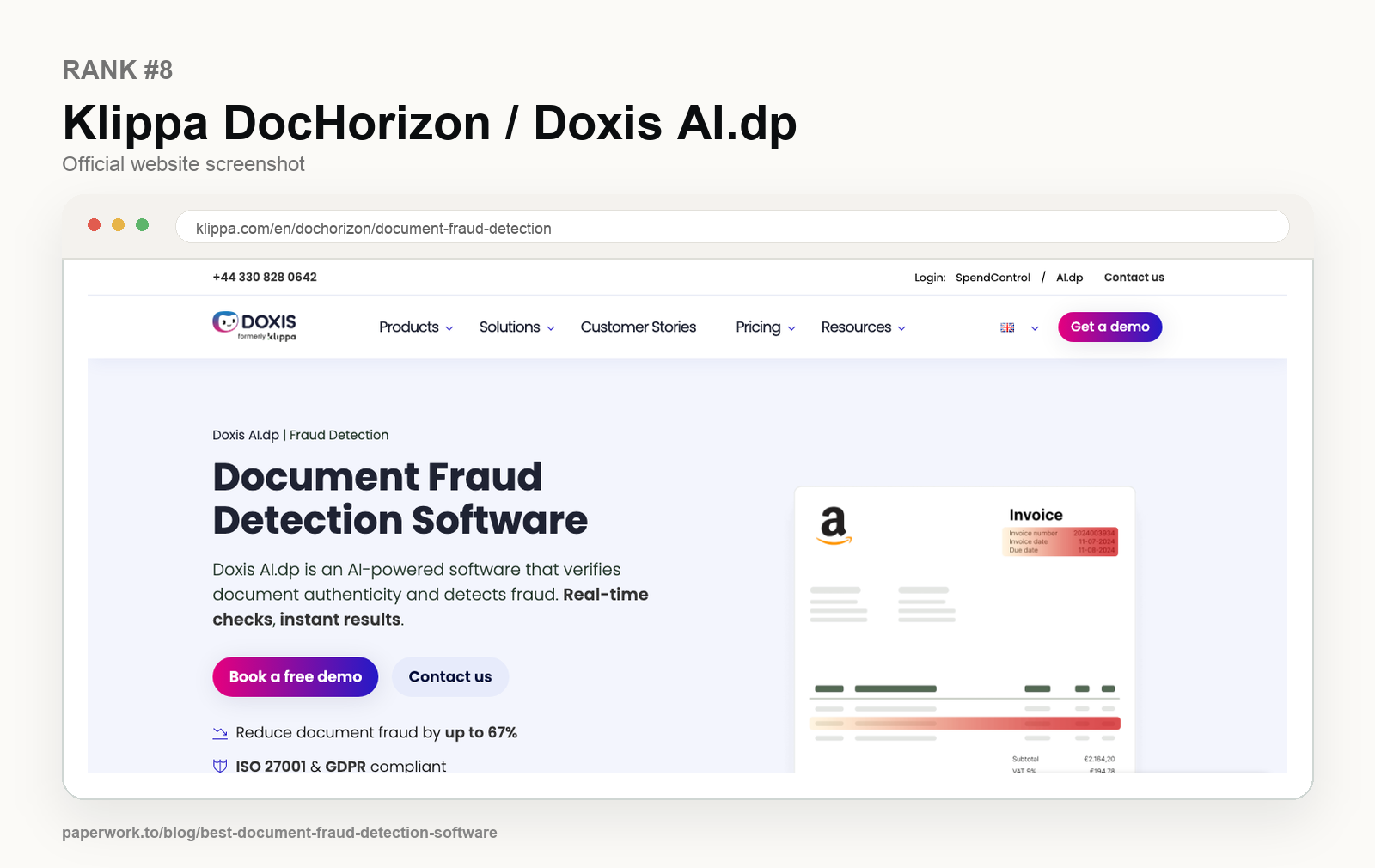Rank #8 Klippa DocHorizon / Doxis AI.dp official website screenshot framed in Paperwork style