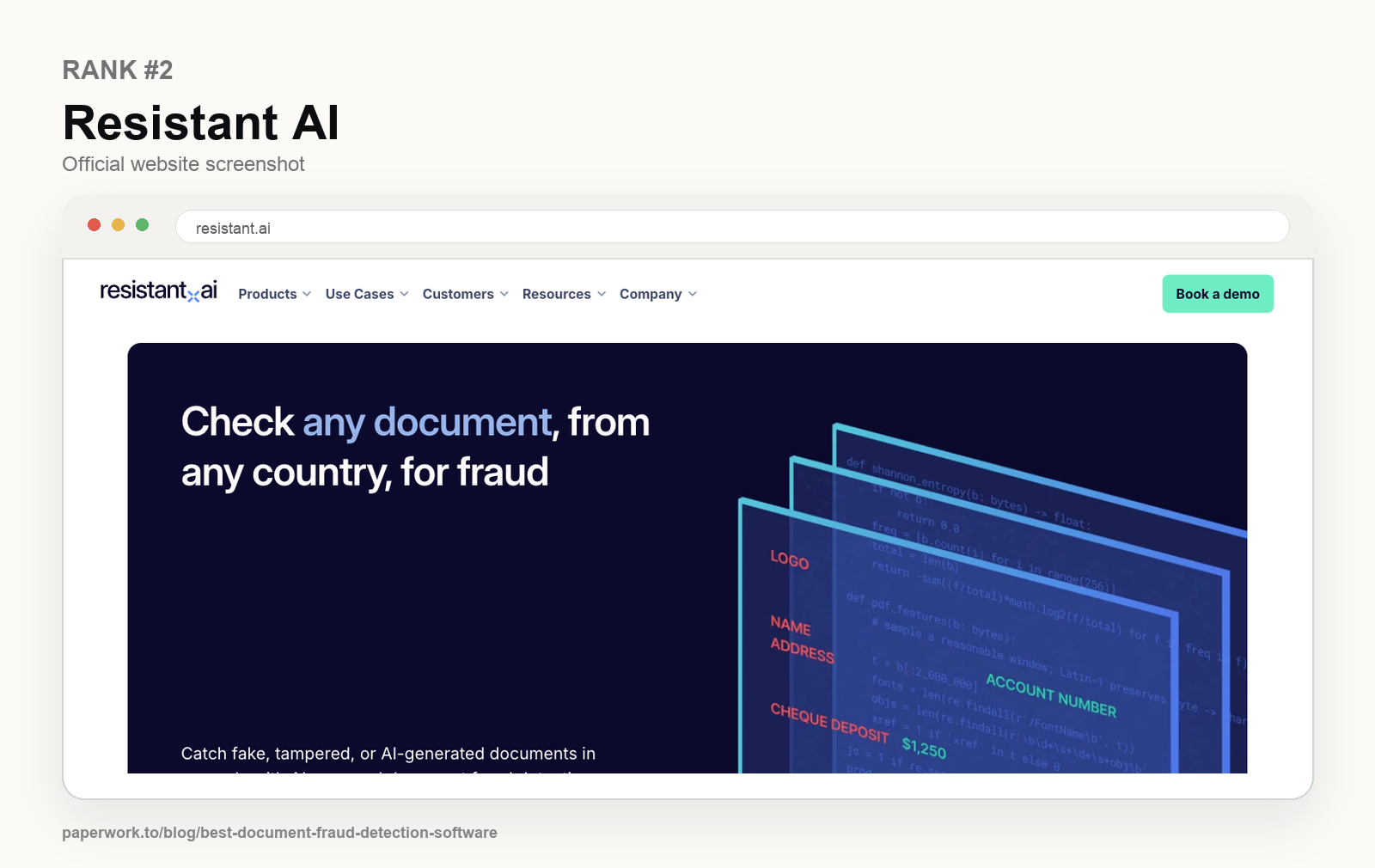 Rank #2 Resistant AI official website screenshot framed in Paperwork style