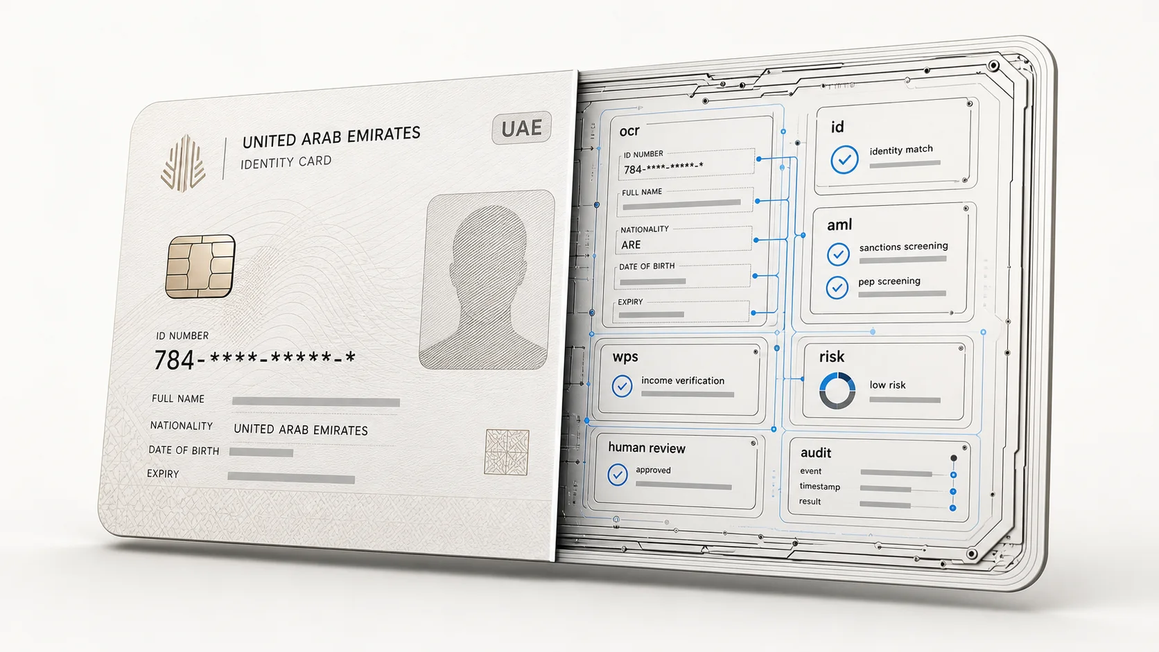 Premium split-view UAE identity card showing the submitted document and automated KYC checks inside it