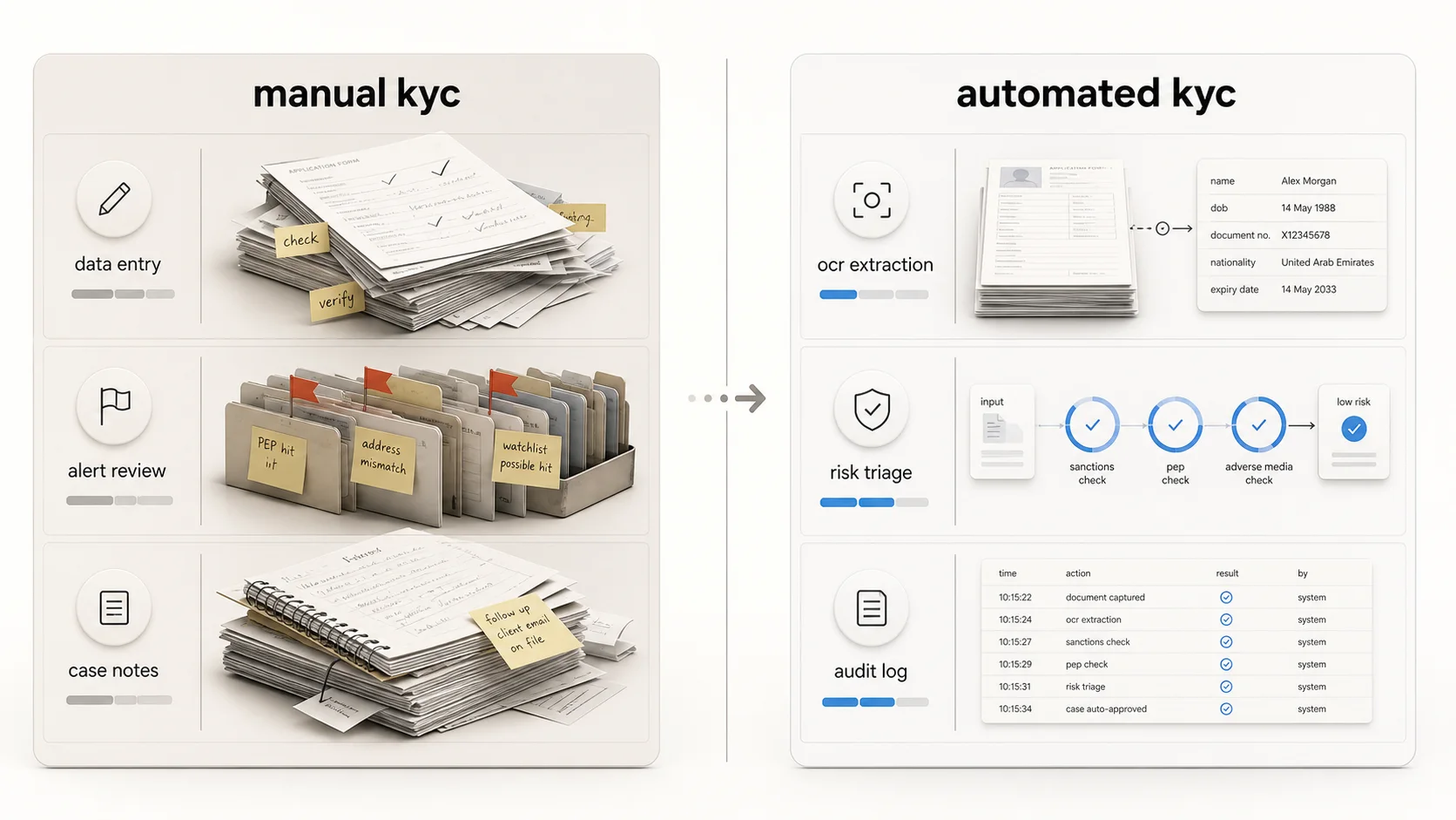 Manual KYC paperwork compared with automated KYC extraction, triage, and audit logging