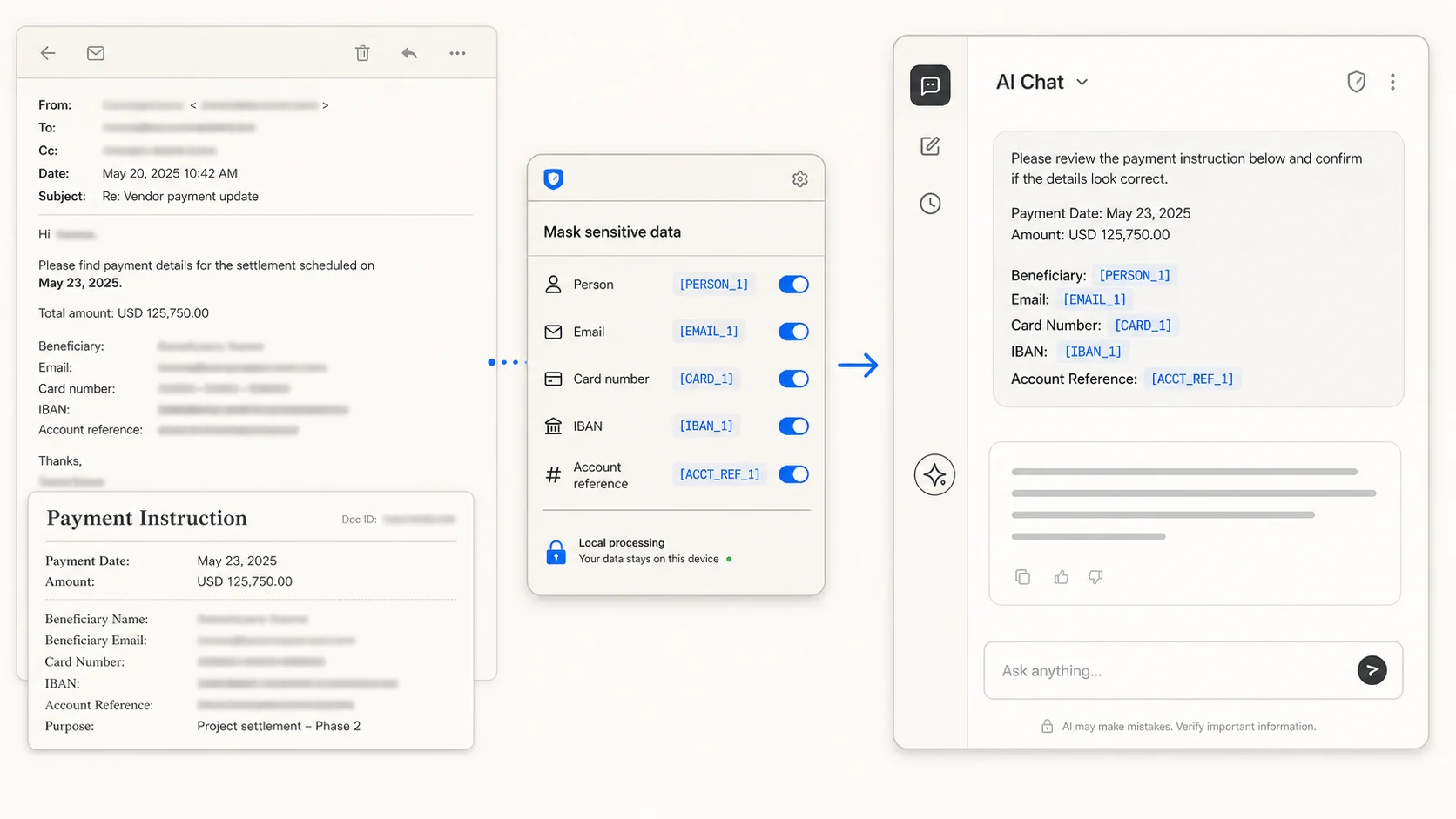 AI prompt masking workflow for work emails and payment instructions