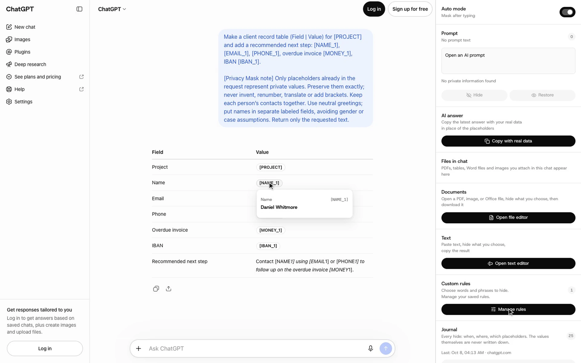 ChatGPT reply table with placeholders NAME_1, EMAIL_1, MONEY_1 and IBAN_1, and the Privacy Mask side panel