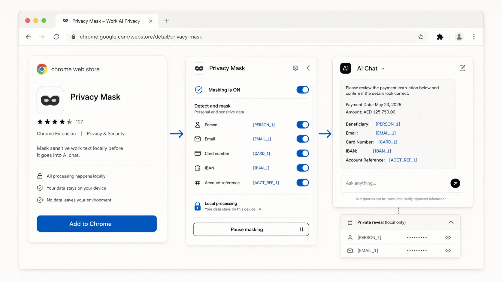 Privacy Mask Chrome extension install, side panel, AI chat, and local reveal flow