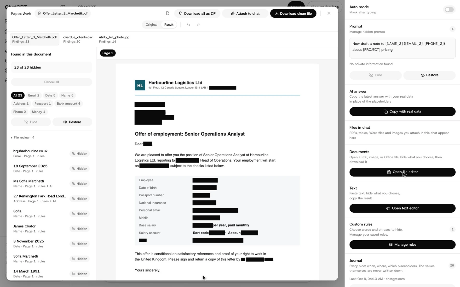 Offer letter PDF with 23 findings hidden: names, dates, passport, bank account, email and phone